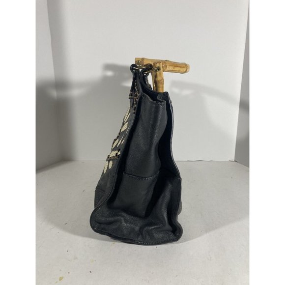 Isabella Fiore Black Beaded & Woven Leather Clutch Handbag With Wooden Handles - Picture 5 of 6